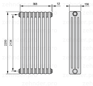 Схема (чертеж) Радиатор Zehnder Charleston 4220/8 №1270 Белый глянцевый RAL 9016